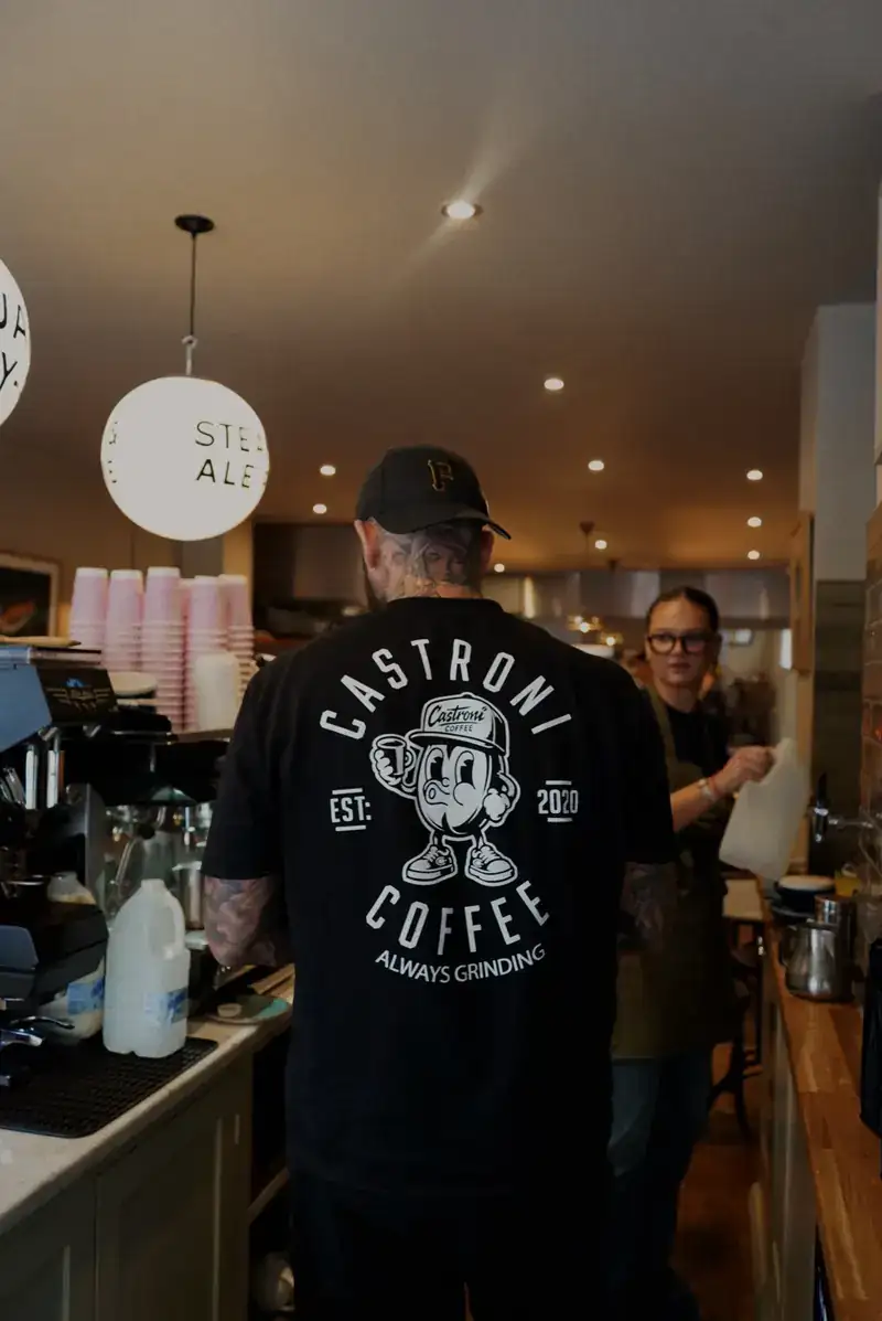 A Castroni Coffee tee on the bar during service